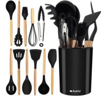 Ruhhy 12 silikona virtuves piederumu komplekts ar statīvu, melns/bēšs - kitchen utensil set, silicone kitchen tools