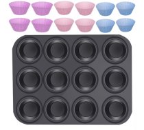 Teflona Mafinu Kēksu Cepšanas Trauks + 12 Silikona Veidnes | Teflon Mold Muffin Cupcake Baking Dish + Silicone Molds