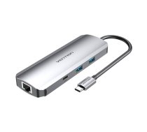 USB-C dokstacija ar HDMI, USB-C, 2x USB3.0, RJ45, SD, TF, TRRS 3,5 mm, PD 0,15 m Vention TOMHB (pelēks) | Docking Station to 3.5mm, 0.15m (gray)
