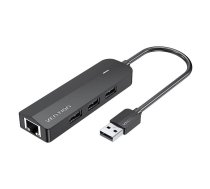 USB 2.0 3 pieslēgvietu centrmezgls ar Ethernet adapteri 100m Vention CHPBB 0.15m, melns | 3-Port Hub with Adapter Black