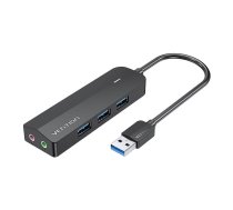 USB 3.0 3 portu centrmezgls ar skaņas karti un barošanas adapteri Vention CHIBB 0,15 m melns | 3-Port Hub with Sound Card and Power Adapter 0.15m Black