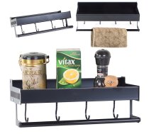 Piekarams sienas plaukts ar āķiem un relingu, 30 cm, melns - wall shelf, kitchen shelf, bathroom shelf
