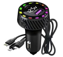 Automašīnas lādētājs USB-C 15W + USB-A 15W ar 3-in-1 kabeli un displeju, melns - car charger, 3-in-1 cable