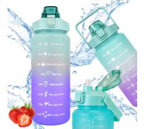 Motīvējoša ūdens pudele ar salmiņu 2000 ml, zili violeta - 2l water bottle, sports water bottle