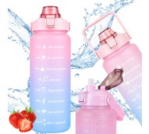 Motīvējošā ūdens pudele ar salmiņu 2000 ml, Rozā/Zila - 2l water bottle, sports water bottle, motivational bottle