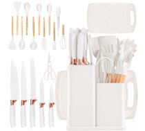 Virtuves nažu un piederumu komplekts ar statīvu un dēlīti, 19 daļas, balts - kitchen knife set, kitchen utensils
