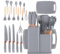 Virtuves nažu un piederumu komplekts ar statīvu un dēlīti, 19 daļas, pelēks - kitchen knife set, kitchen utensils