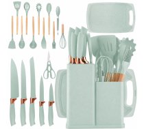 Virtuves nažu un piederumu komplekts ar dēlīti un statīvu, 19 daļas, zaļš - kitchen knife set, kitchen utensils