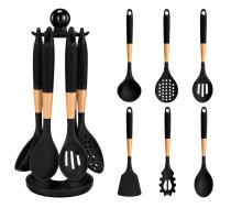 Melns silikona virtuves piederumu komplekts ar statīvu, 6 daļas - kitchen utensils set, silicone spatula