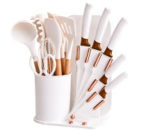 Silikona virtuves piederumu un nažu komplekts ar statīvu, 19 daļas, balts - kitchen utensil set