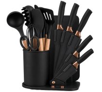 Silikona virtuves piederumu un nažu komplekts ar statīvu, 19 daļas, Melns - kitchen utensil set
