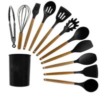 Virtuves piederumu komplekts, 12 daļas, melns/brūns - kitchen utensils, utensil set, silicone kitchen utensils