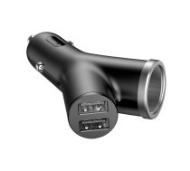 Baseus Y Type Car Charger with 2x USB and Extended Cigarette Lighter Port 3.4A, Black | Telefona Auto Lādētājs ar 2x USB un Piepīpētāja Izeju