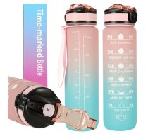 Necaurlaidīga Ūdens Pudele ar Laika Atgādinājuma Marķieri bez BPA, 1L, Rozā Zilā | Motivational Water Bottle with Time Marker Reminder Tracker