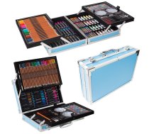 Gleznošanas un zīmēšanas piederumu zīmuļu flomasteru krītiņu krāsu komplekts (145 gab) bērniem koferī, zils | Art Set Kit for Painting with Metal Suitcase