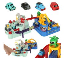 Interaktīva Bērnu Autosacīkšu Trase Dubultā Šķēršļu Josla Autostāvvieta + 4 Automašīnas | Kids Toy Car Race Track Road Double Obstacle Course Parking