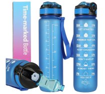 Necaurlaidīga Ūdens Pudele ar Laika Atgādinājuma Marķieri bez BPA, 1L, Zils | Motivational Water Bottle with Time Marker Reminder Tracker