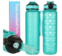 Necaurlaidīga Ūdens Pudele ar Laika Atgādinājuma Marķieri bez BPA, 1L, Zaļš | Motivational Water Bottle with Time Marker Reminder Tracker