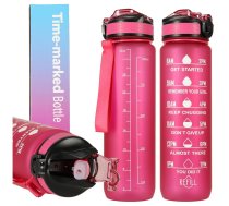 Necaurlaidīga Ūdens Pudele ar Laika Atgādinājuma Marķieri bez BPA, 1L, Rozā | Motivational Water Bottle with Time Marker Reminder Tracker