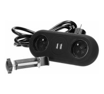 Orno Gniazdo meblowe z uchwytem montażowym, ładowarką USB, 2 gniazda 2P+Z, 2xUSB, przewód 3x1,0mm2 - 1,5m, czarne | OR-AE-13197/B | 5908254803628