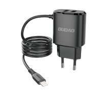 Dudao 2x USB wall charger with built-in Lightning 12 W cable black (A2ProL black) (A2PRO_Lightning_black)