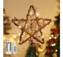 Lewondr – Vintage mežģīņu Ziemassvētku eglīšu zvaigzne ar LED pērlītēm, USB vadība, koka krāsa