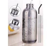 NiHome - Stikla ūdens pudele ar diviem vākiem un nerūsējoša tērauda salmiņu, izturīgs borosilikāta stikls, 750ml