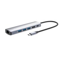 Manhattan USB-C Dock/Hub, Ports (x6): Ethernet, HDMI, USB-A (x3) and USB-C, With Power Delivery (100W) to USB-C Port (Note additional USB-C wall charger and USB-C cable needed), USB 3.2 Gen 1, All Ports can be used at the same time, Aluminium, Silver