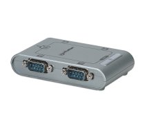 Manhattan USB-A to 4x Serial Port Converter, Male to Male, Serial/RS232, MosChip MCS7840, Automatic IRQ and I/O address selection, Bus powered, Silver, Boxed