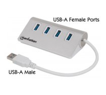 Manhattan USB-A 4-Port Hub, 4x USB-A Ports, 5 Gbps (USB 3.2 Gen1 aka USB 3.0), Bus Powered, Fast charging up to 0.9A, SuperSpeed USB, Aluminium Housing, Windows and Mac, Silver, Three Year Warranty, Blister