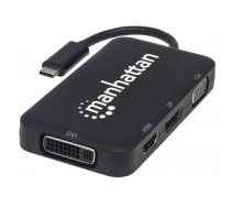 Manhattan USB-C 4-Port Hub/Dock/Converter, USB-C to HDMI, DisplayPort, VGA or DVI Ports; HDMI: 3840x2160 at 30Hz (4K), DisplayPort: 4K@60Hz UHD, VGA or DVI: 1920x1080 at 60Hz; Male to Females, Cable 8cm, Black