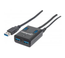 Manhattan USB-A 4-Port Hub, 4x USB-A Ports, 5 Gbps (USB 3.2 Gen1 aka USB 3.0), AC or Bus Power, Fast charge up to 0.9A per port with inc power adapter, Black, Blister (With Euro 2-pin plug)