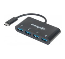 Manhattan USB-C Dock/Hub - Ports (x4): USB-A (x4), 5 Gbps (USB 3.2 Gen1 aka USB 3.0), External Power Supply Not Needed, Cable 20cm, SuperSpeed USB, Black, Three Year Warranty, Blister