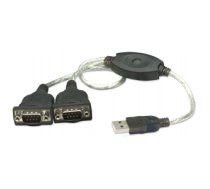 Manhattan USB-A to 2x Serial Ports Converter cable, 45cm, Male to Male, Serial/RS232/COM/DB9, Prolific PL-2303RA Chip, Black/Silver cable, Blister