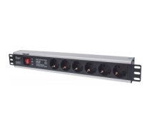 Intellinet 19" 1.5U Rackmount 6-Way Power Strip - German Type", With On/Off Switch and Surge Protection, 3m Power Cord (Euro 2-pin plug)