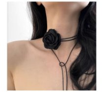 ECARLA Elegants melns rozes dekoratīvs čokerkaklarota  Decorative flower choker necklace, rose on a strap, elegant black N760CZ