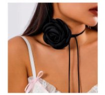 ECARLA Eleganta melna XL siksnas kaklarota ar rozeti N761CZ  XL choker necklace, decorative flower on the neck, rose on a strap, elegant black N761CZ