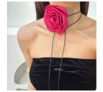 ECARLA XL kaklarota ar elegantu fuksijas ziedu  XL choker necklace, decorative flower on the neck, rose on a strap, elegant Fuchsia N761F