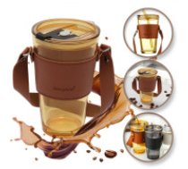 ECARLA Krāsains stikla kafijas un tējas krūze ar salmiņu un aizdari 450 ml  Colored glass coffee tea mug with straw and closure 450 ML CUP09BR