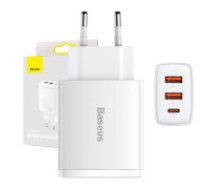 Baseus Baseus Compact Quick Charger sienas lādētājs, 2xUSB, USB-C, PD, 3A, 30W (balts) Adapteris Lādētājs Baseus BSU2896WHT Baseus Compact Quick Charger, 2xUSB, USB-C, PD, 3A, 30W (white)     network charger charger