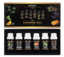 Ruhhy Ēterisko Eļļu Komplekts Aromaterapijai, 6x10ml Eļļu komplekts; Aromātiskas eļļas, eikalipta, apelsīna, tējas koka, piparmētras, lavandas, priedes; Smaržojošas eļļas aromaterapijai, gaisa atsvaidzināšanai, masāžai, matu un ādas kopšanai; Cilvēkiem, kas vēlas radīt relaksējošu atmosfēru. Fragrance oils - set of 6 pcs. 10 ml Ruhhy 21939