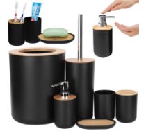 6-daļīgs vannas istabas piederumu komplekts (birste, šķidro ziepju dozators utt.), Melns Bathroom set 6-in-1 bathroom toilet toilet handle bin black set