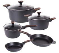 Katlu, kastrolu un pannu komplekts ar nepiedegošu pārklājumu, 8 gab., lietais alumīnijs Set of pots saucepans induction gas non stick premium 8 elements