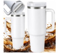 Liela termokrūze ar rokturi un salmiņu 1.2L, balta Large thermal mug 1.2l straw with steel handle thermos for cold and hot drinks
