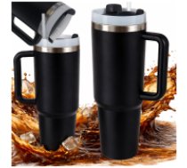 Liela termokrūze 1.2l ar rokturi un salmiņu nerūsējošais tērauds, melna Large thermal mug 1.2l straw with steel handle thermos for cold and hot drinks