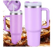 Liela termokrūze ar rokturi un salmiņu 1.2L nerūsējošais tērauds, violeta Large thermal mug 1.2l straw with steel handle thermos for cold and hot drinks