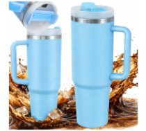 Liela termokrūze ar rokturi un salmiņu 1.2L nerūsējošais tērauds, zila Large thermal mug 1.2l straw with steel handle thermos for cold and hot drinks