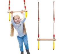 Koka dārza šūpoles bērniem ar vingrošanas trapeci un rokturiem, dzeltenas Garden swing for children gymnastic trapeze