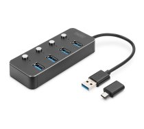 Digitus USB 3.0 centrmezgls, 4 pārslēdzami porti, alumīnija korpuss