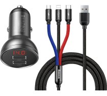 Baseus 2x USB 4.8A 24W car charger with LCD + 3in1 cable USB - USB Type C / micro USB / Lightning 1.2m black (TZCCBX-0G)